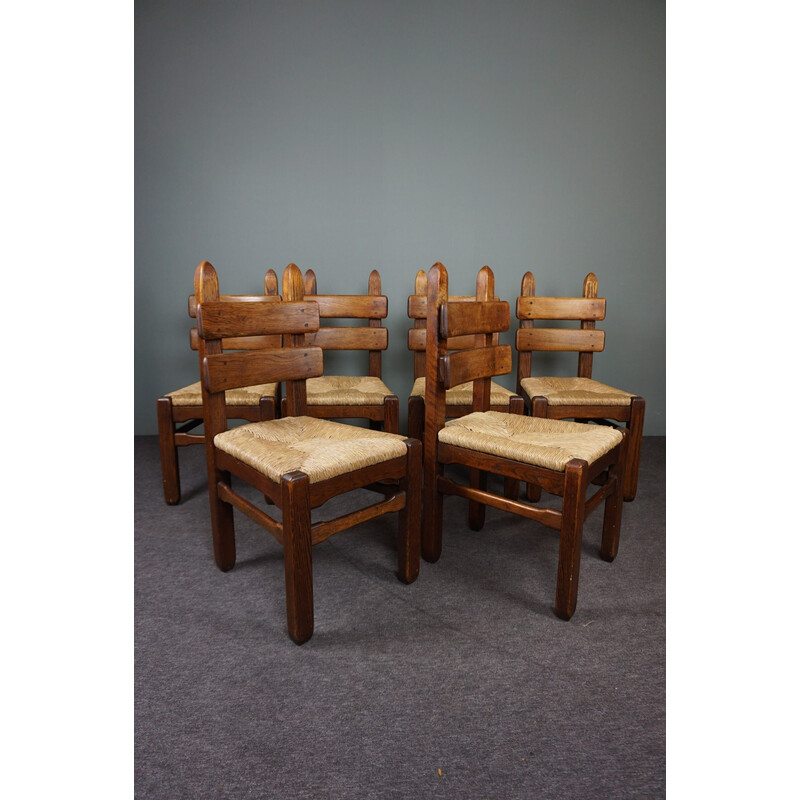 Conjunto de 6 cadeiras brutalistas de carvalho de meados do século
