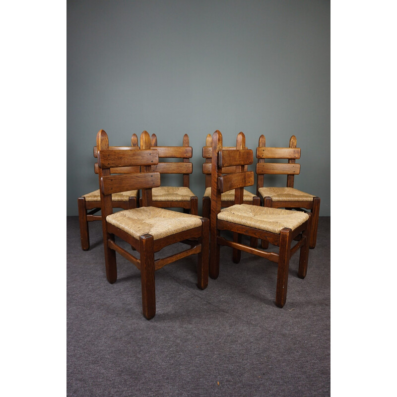 Set of 6 mid century eye-catching oakwood Brutalist chairs