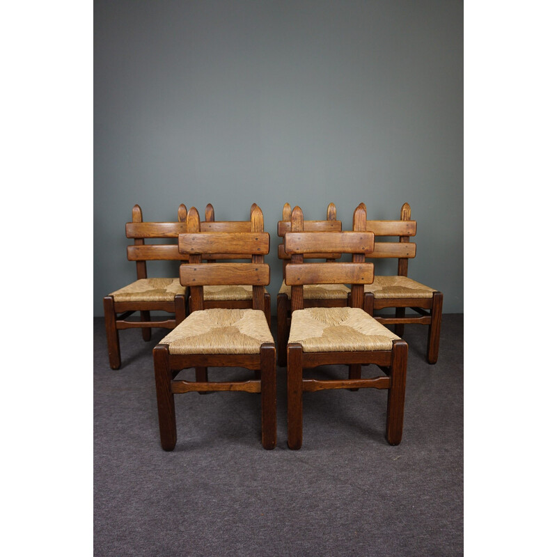 Juego de 6 llamativas sillas Brutalistas de madera de roble de mediados de siglo