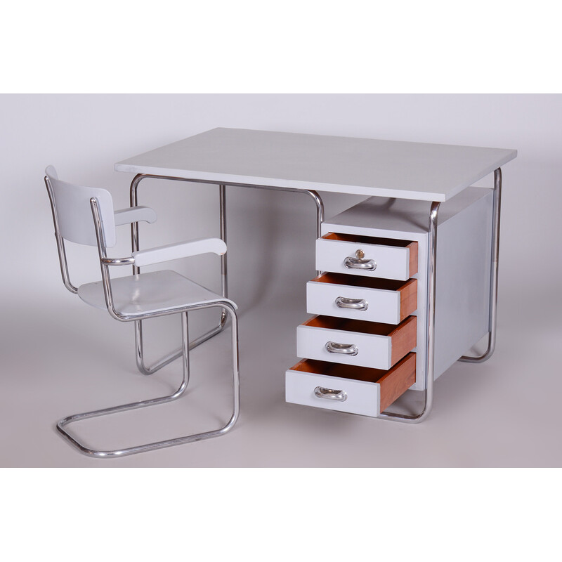 Vintage desk with chair in lacquered wood and chromed steel by Hynek Gottwald, Czech Republic 1930s