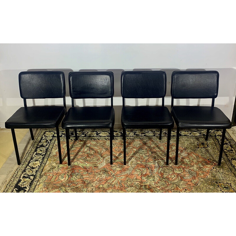 Set of 4 vintage leatherette and black metal chairs by Pierre Guariche, 1950s