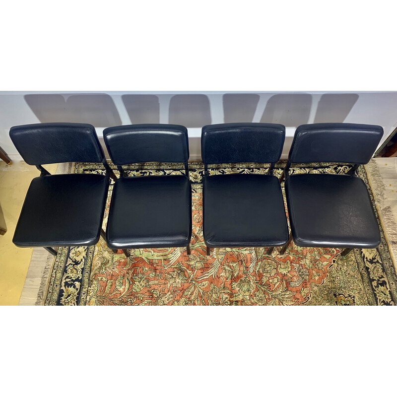 Set of 4 vintage leatherette and black metal chairs by Pierre Guariche, 1950s