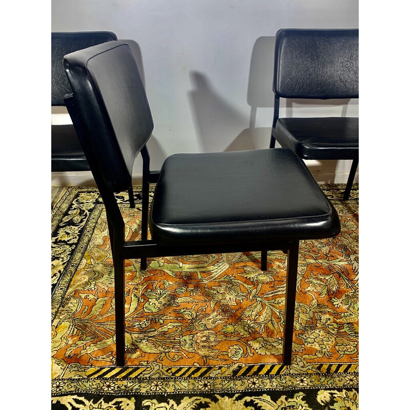 Set of 4 vintage leatherette and black metal chairs by Pierre Guariche, 1950s