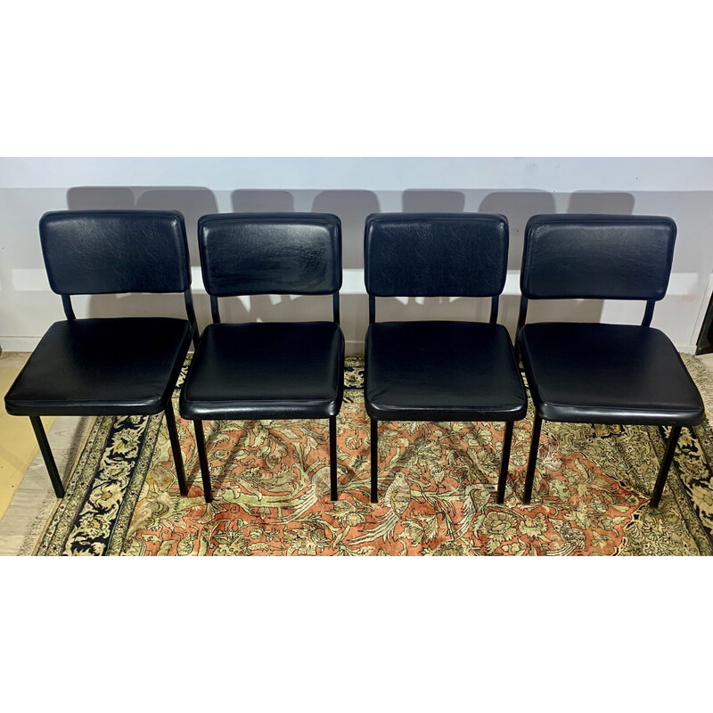 Set of 4 vintage leatherette and black metal chairs by Pierre Guariche, 1950s