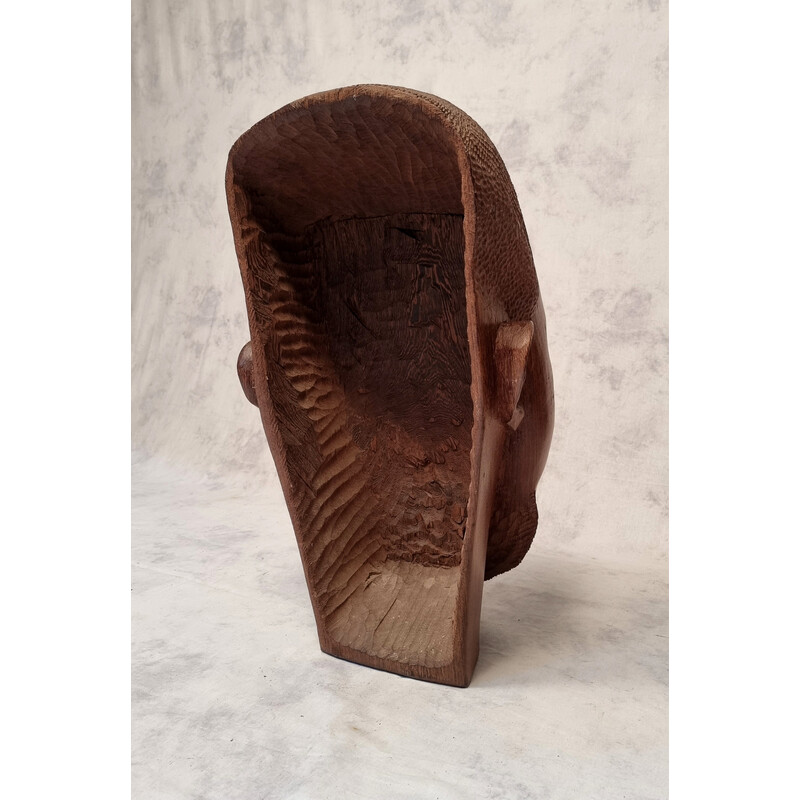 Escultura vintage de una cabeza africana y su base en madera de Wenge, 1960