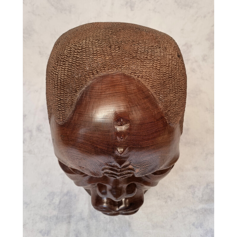 Scultura vintage di una testa africana e della sua base in legno di Wengé, 1960