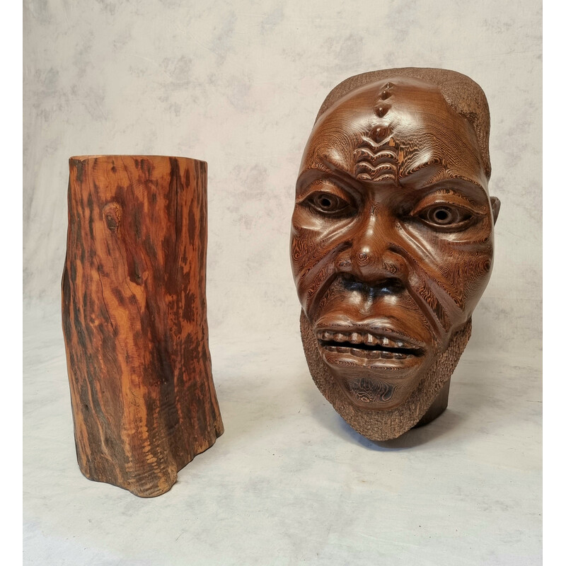 Scultura vintage di una testa africana e della sua base in legno di Wengé, 1960