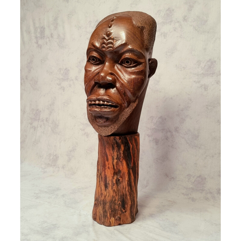 Vintage sculpture of an African head and its base in Wenge wood, 1960