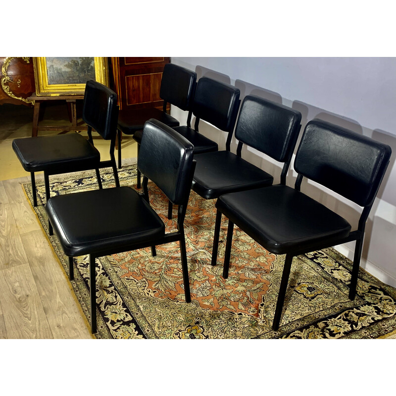 Set van 6 vintage skai en zwart metalen stoelen van Pierre Guariche, 1950