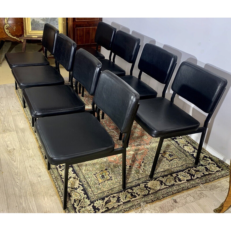 Conjunto de 6 cadeiras vintage skai e black metal por Pierre Guariche, 1950