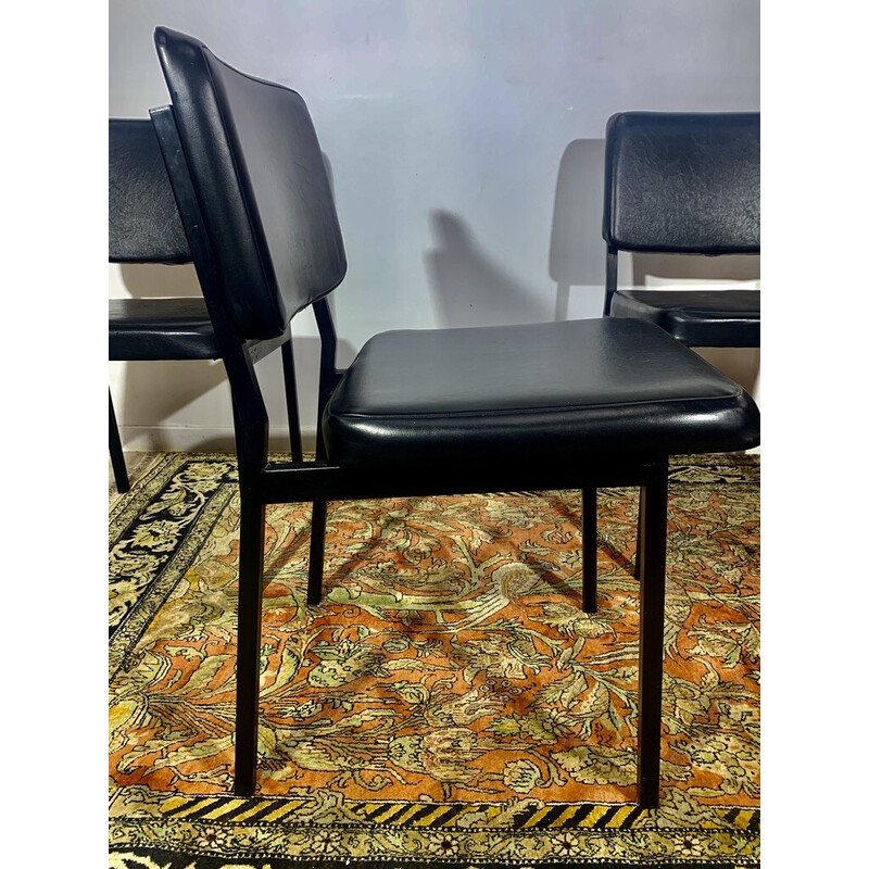 Set van 6 vintage skai en zwart metalen stoelen van Pierre Guariche, 1950