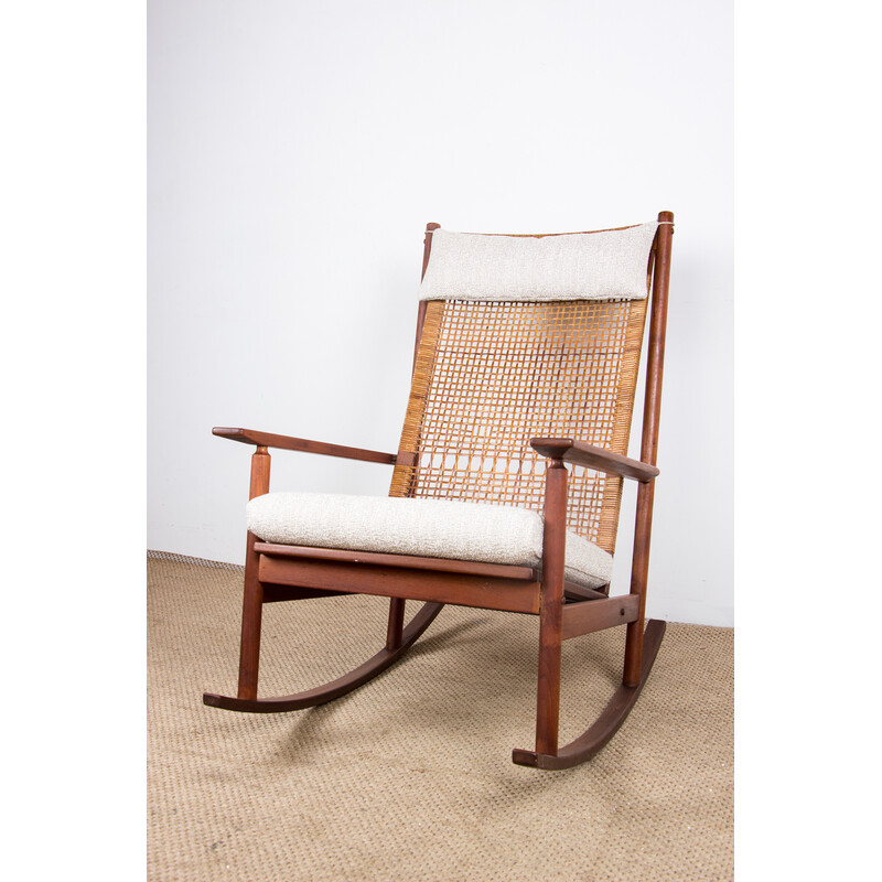 Dänischer Vintage-Schaukelstuhl aus Teakholz und Rattan von Hans Olsen für Juul Kristensen, 1960