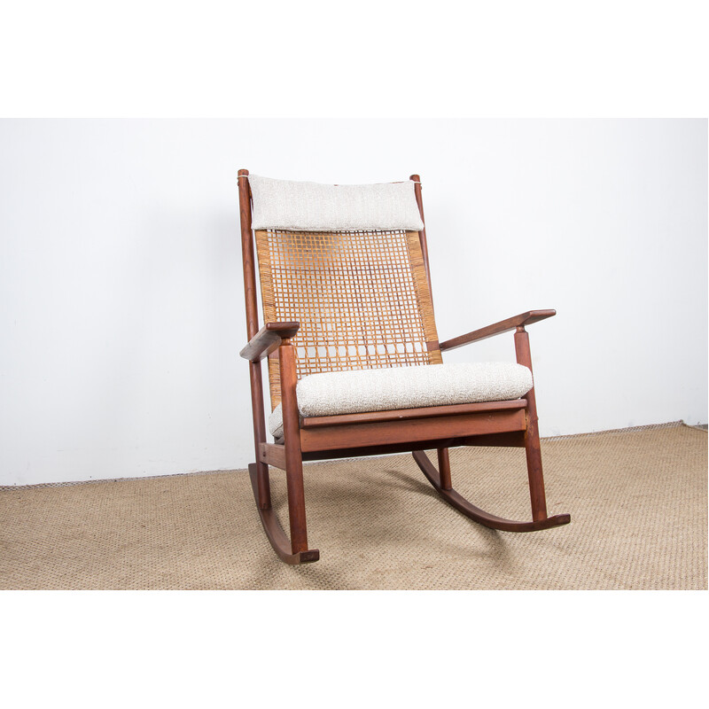 Vintage Danish teak and rattan rocking chair by Hans Olsen for Juul Kristensen, 1960