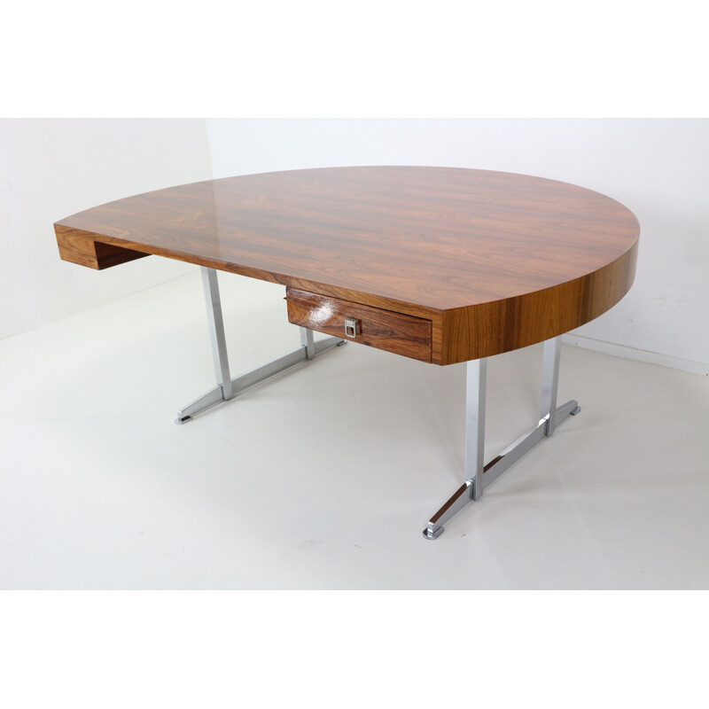 Mid century half circle president desk in rosewood and chrome base - 1970s