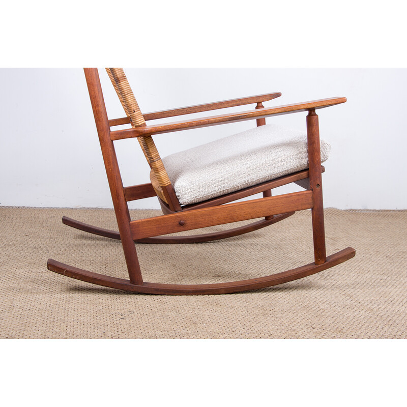 Vintage Danish teak and rattan rocking chair by Hans Olsen for Juul Kristensen, 1960