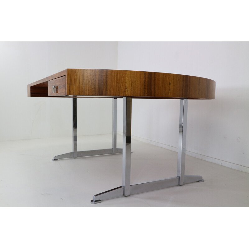 Mid century half circle president desk in rosewood and chrome base - 1970s