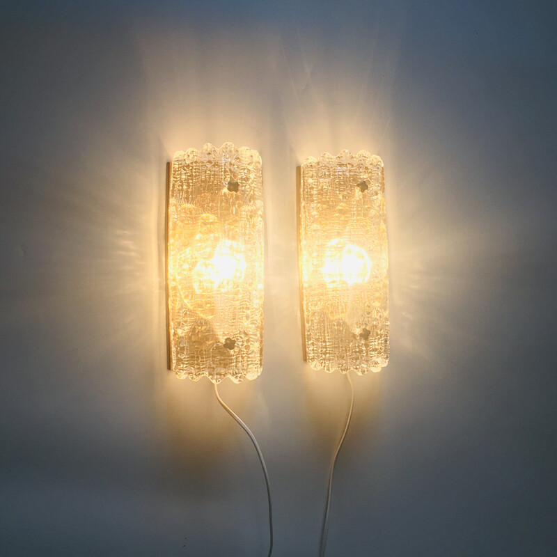 Pair of vintage Scandinavian glass and brass wall lamps by Carl Fagerlund for Orrefors and Lyfa, 1960s