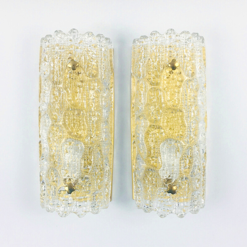 Pair of vintage Scandinavian glass and brass wall lamps by Carl Fagerlund for Orrefors and Lyfa, 1960s