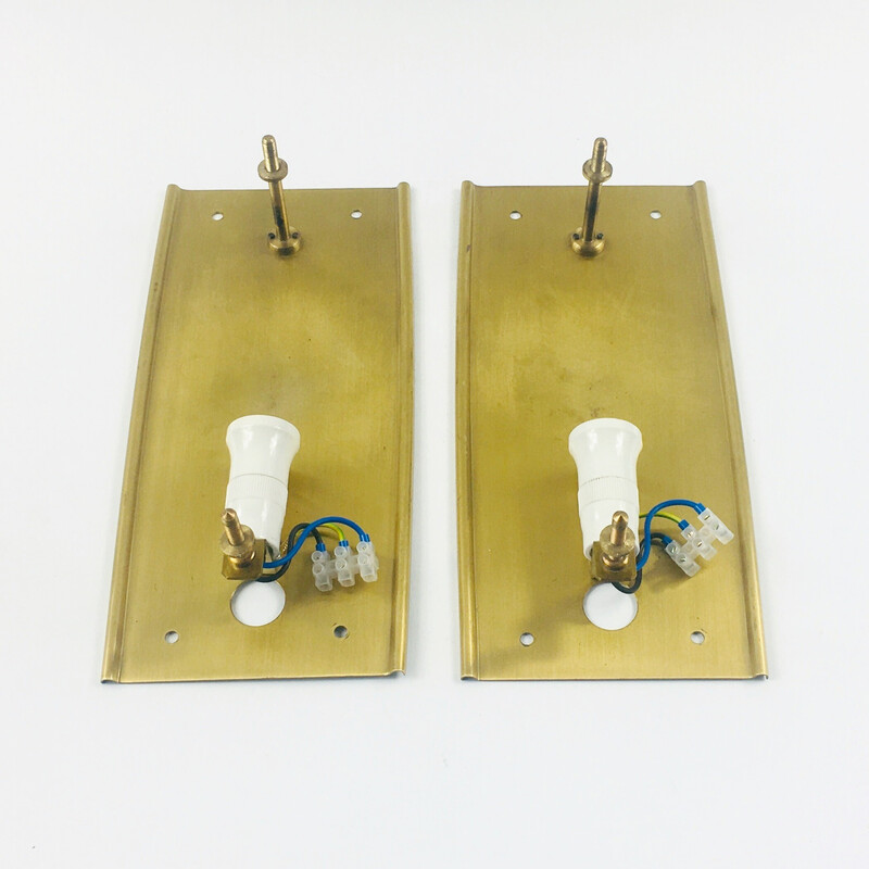 Pair of vintage Scandinavian glass and brass wall lamps by Carl Fagerlund for Orrefors and Lyfa, 1960s