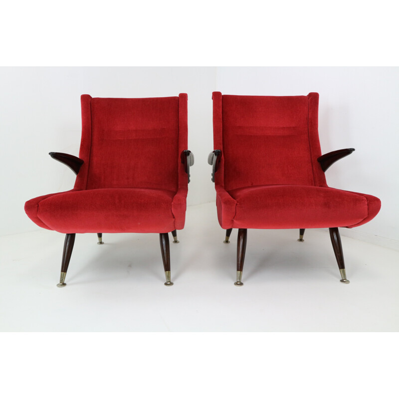 Ensemble de 2 fauteuils vintage italiens en velours rouge - 1950