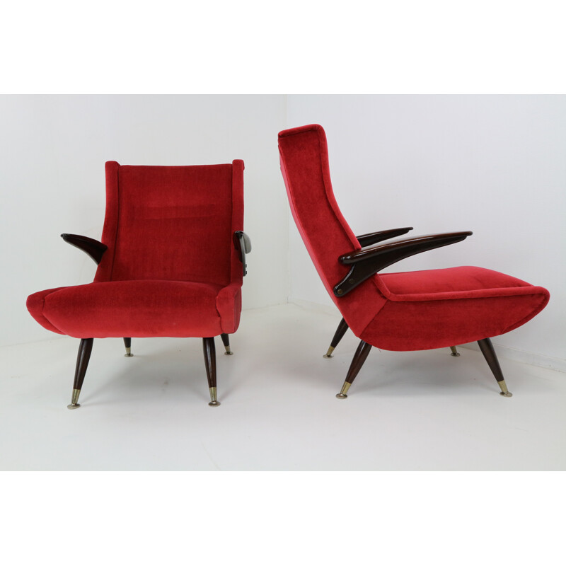 Ensemble de 2 fauteuils vintage italiens en velours rouge - 1950