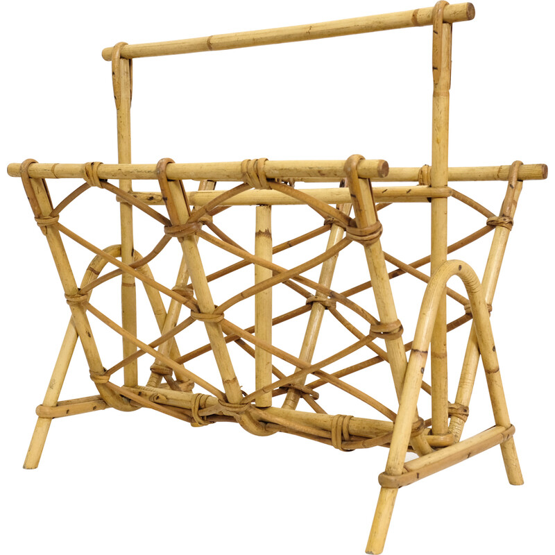 Vintage magazine rack in rattan, 1970