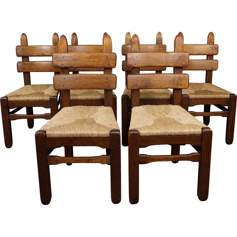 Juego de 6 llamativas sillas Brutalistas de madera de roble de mediados de siglo