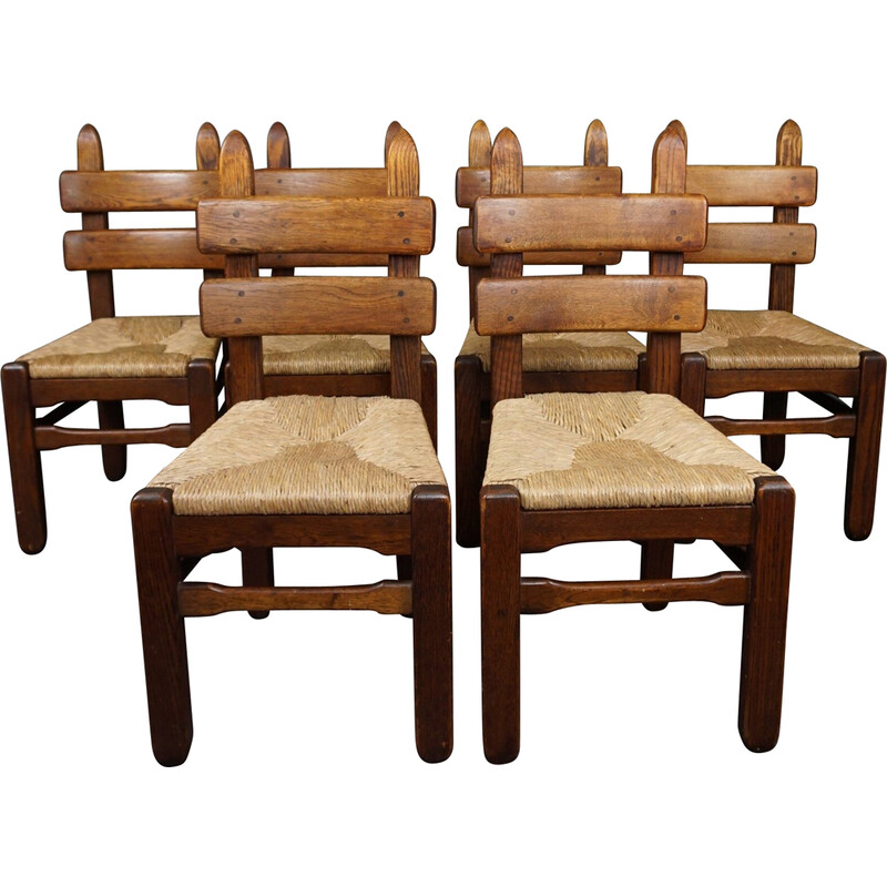 Set of 6 mid century eye-catching oakwood Brutalist chairs