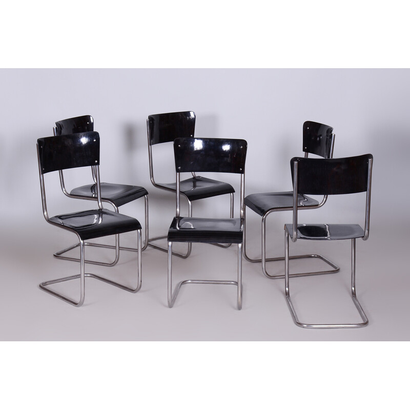 Set van 6 vintage Bauhaus zwarte stoelen van Vichr a Spol, jaren 1930