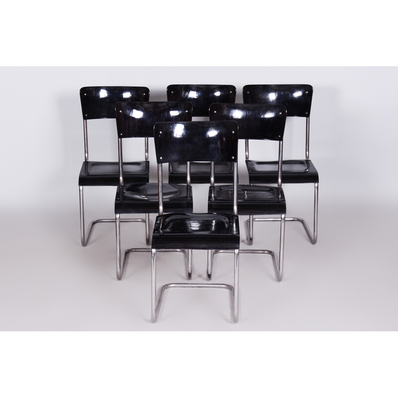 Ensemble de 6 chaises noires vintage Bauhaus par Vichr a Spol, 1930