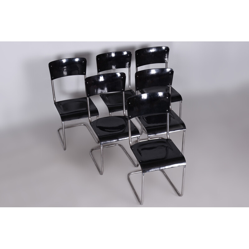 Set of 6 vintage Bauhaus black chairs by Vichr a Spol, 1930s
