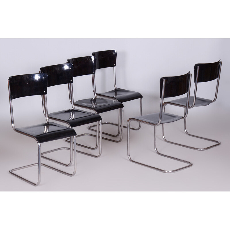 Set of 6 vintage Bauhaus black chairs by Vichr a Spol, 1930s