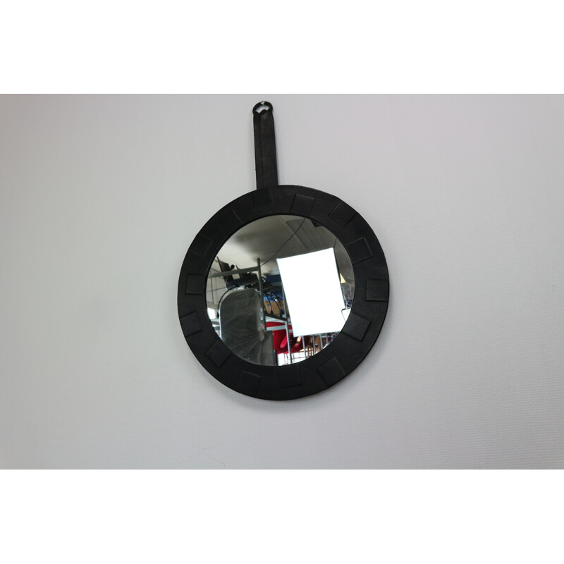 Round mirror with leather frame - 1950s