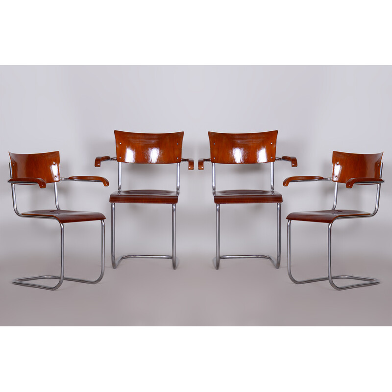 Set of 4 vintage Bauhaus beechwood and plywood armchairs by Mart Stam, Germany 1930s