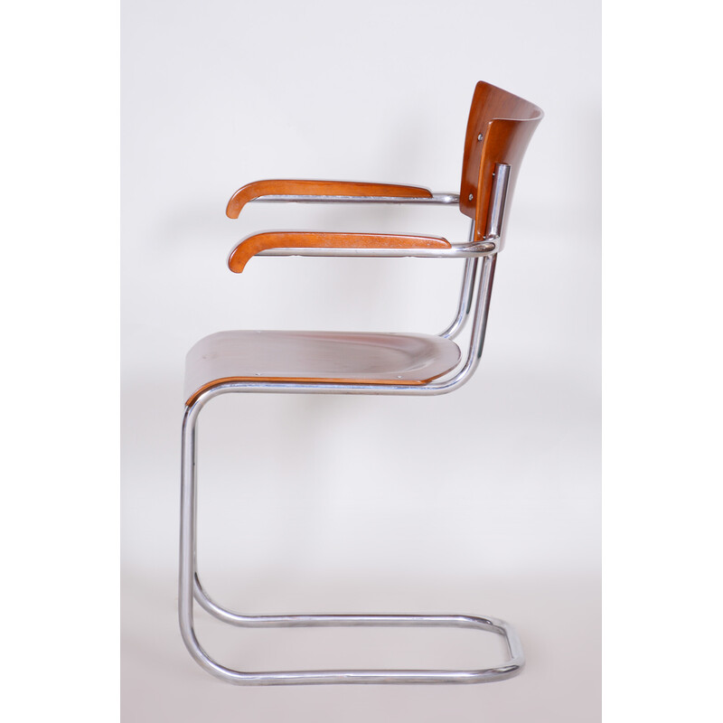 Juego de 4 sillones vintage Bauhaus de madera de haya y contrachapado de Mart Stam, Alemania años 30