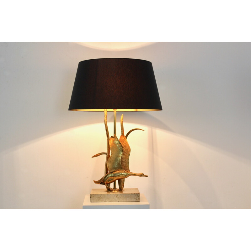 Sculptural vintage gilt metal on travertine Wild Duck table lamp, Belgium 1970s