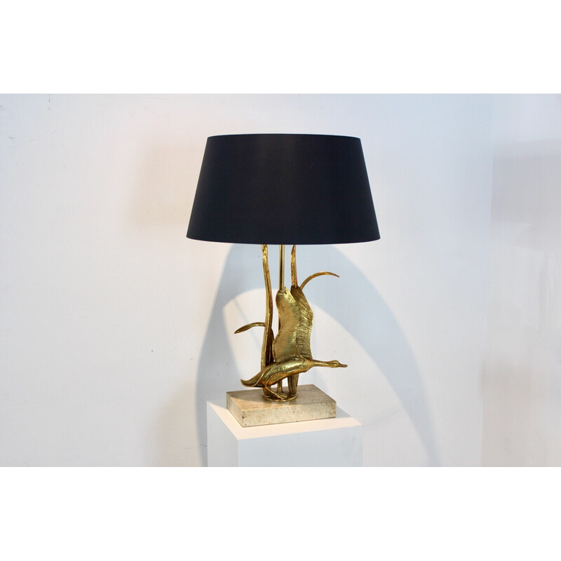 Escultura de metal dourado em travertino Wild Duck table lamp, Bélgica 1970s