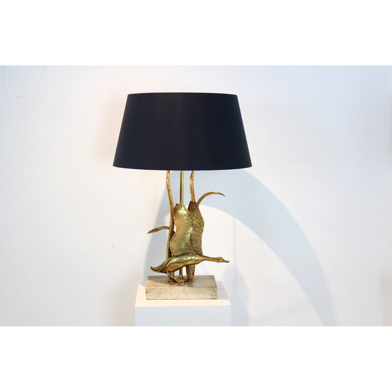 Escultura de metal dourado em travertino Wild Duck table lamp, Bélgica 1970s