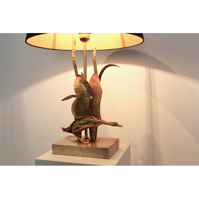 Sculptural vintage gilt metal on travertine Wild Duck table lamp, Belgium 1970s