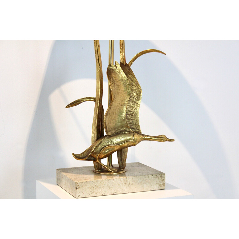 Skulpturale Tischlampe Wild Duck aus vergoldetem Metall auf Travertin, Belgien 1970er