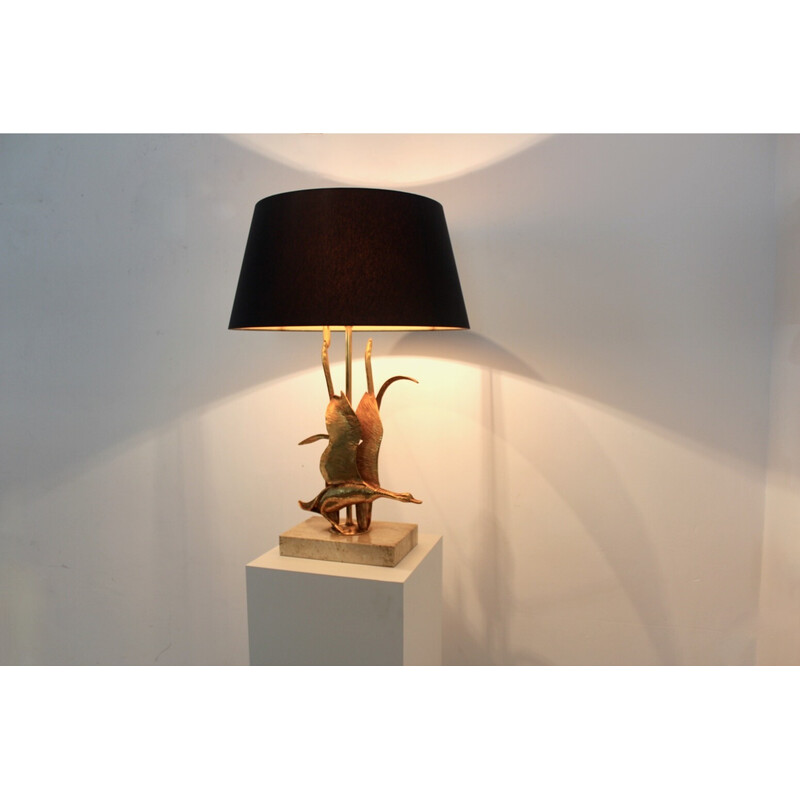 Escultura de metal dourado em travertino Wild Duck table lamp, Bélgica 1970s