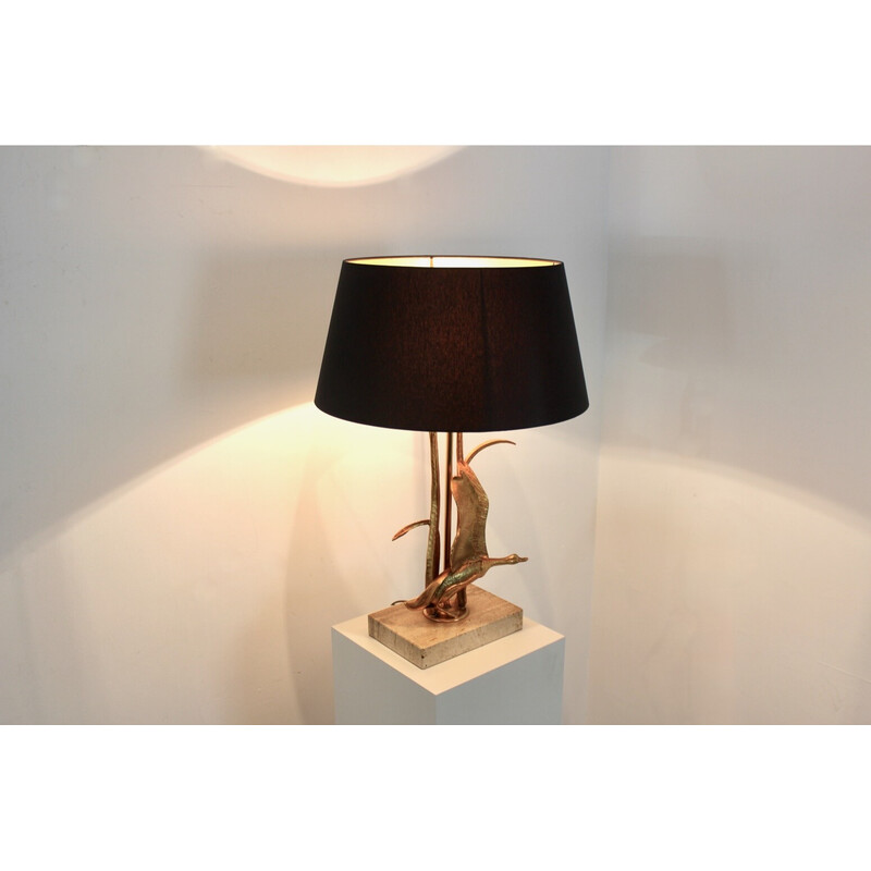 Sculptural vintage gilt metal on travertine Wild Duck table lamp, Belgium 1970s