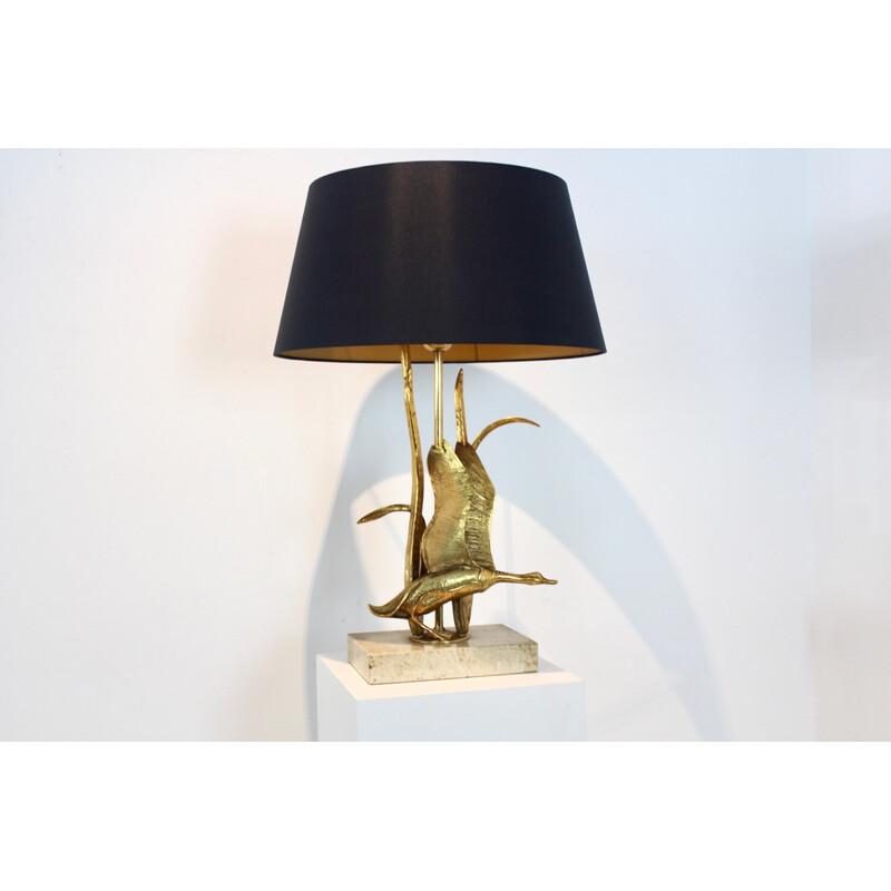 Sculptural vintage gilt metal on travertine Wild Duck table lamp, Belgium 1970s