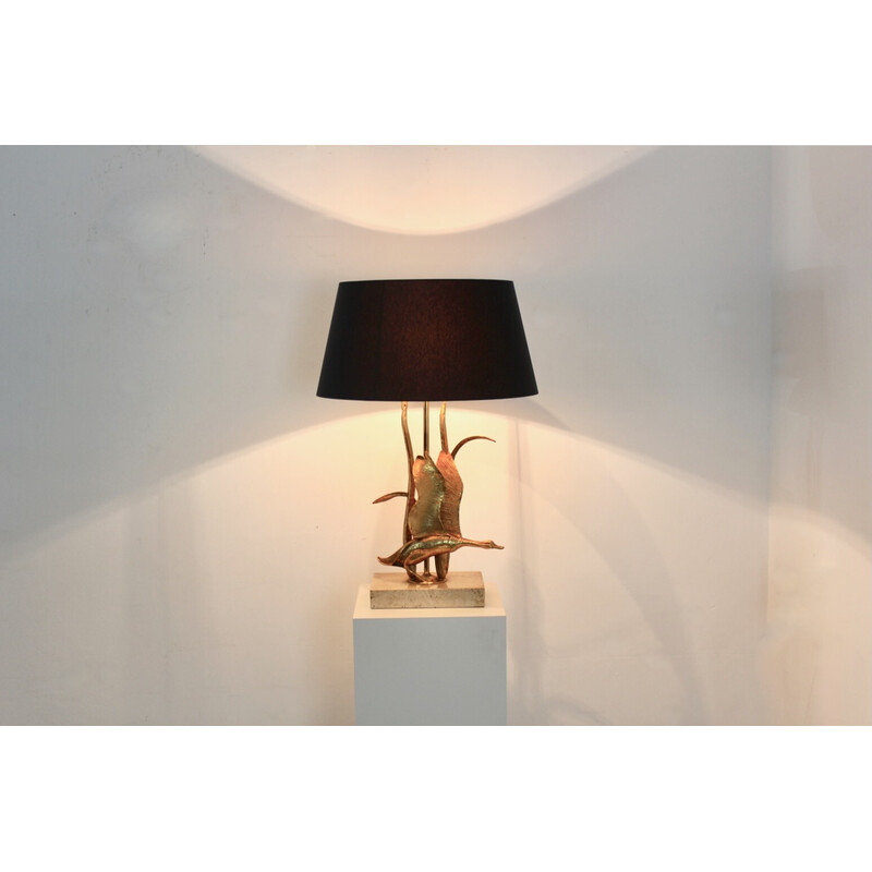 Sculptural vintage gilt metal on travertine Wild Duck table lamp, Belgium 1970s