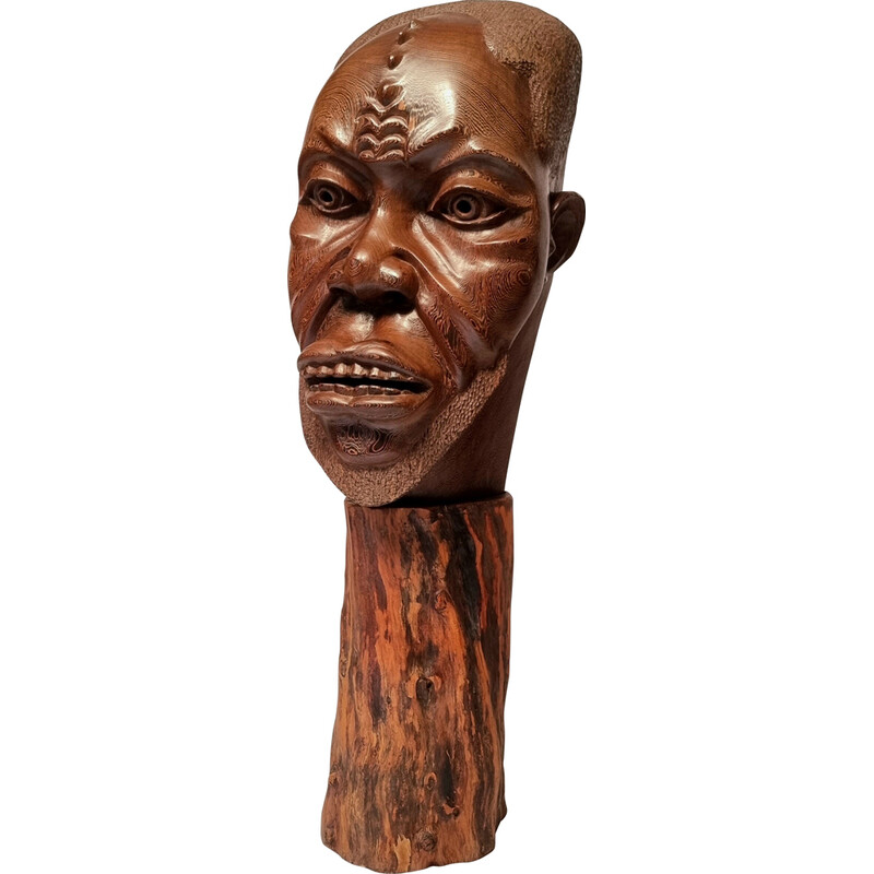 Sculpture vintage d'une tête Africaine et son socle en bois Wengé, 1960