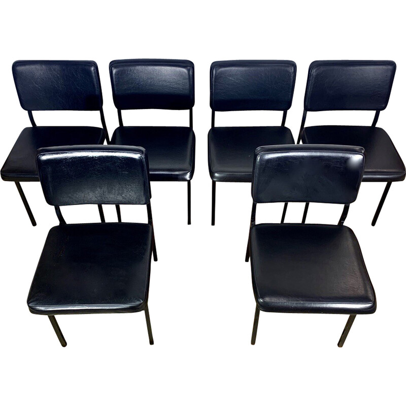 Set aus 6 Vintage-Stühlen aus Skai und schwarzem Metall von Pierre Guariche, 1950