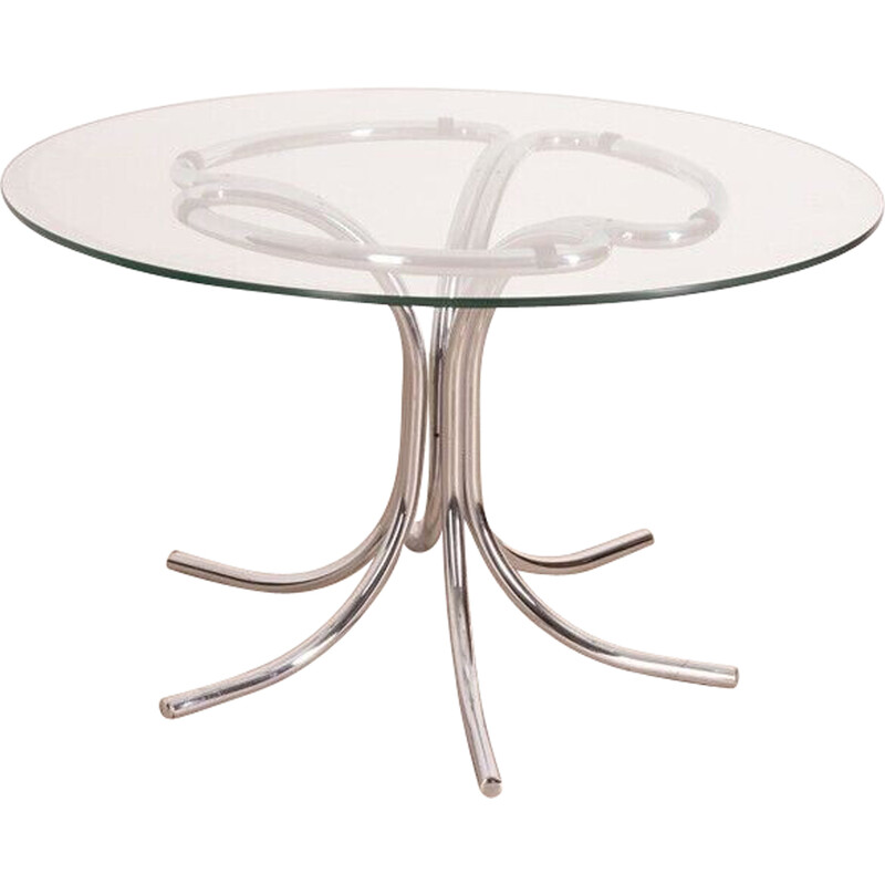 Vintage ronde tafel metalen structuur glazen blad, 1970