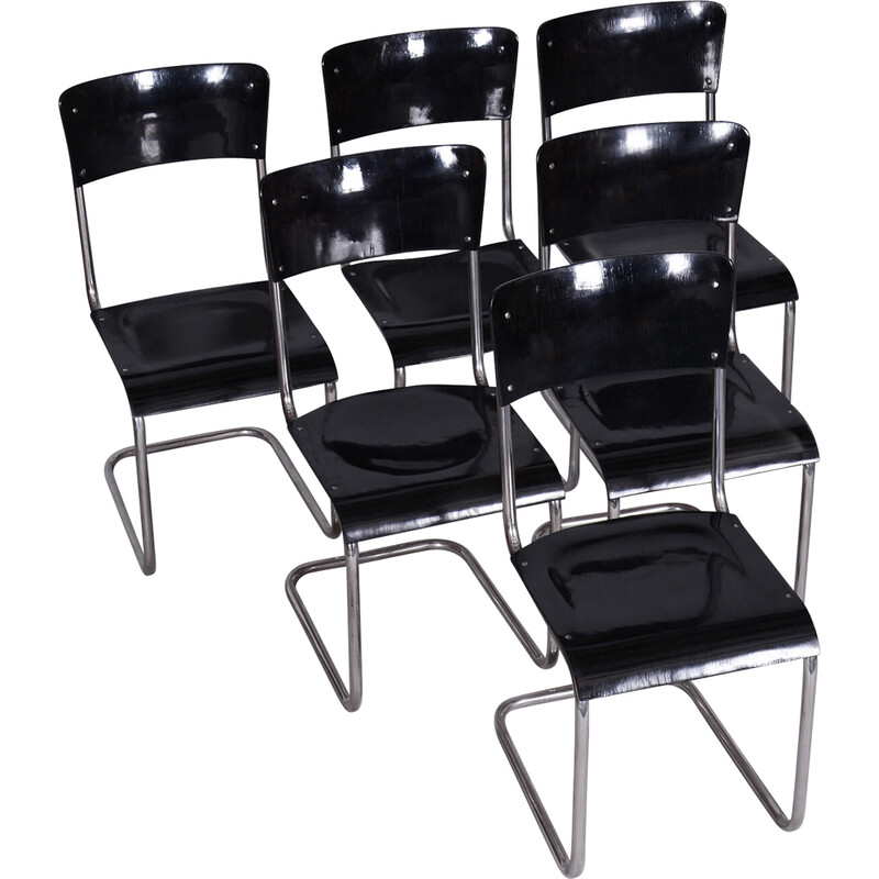 Ensemble de 6 chaises noires vintage Bauhaus par Vichr a Spol, 1930