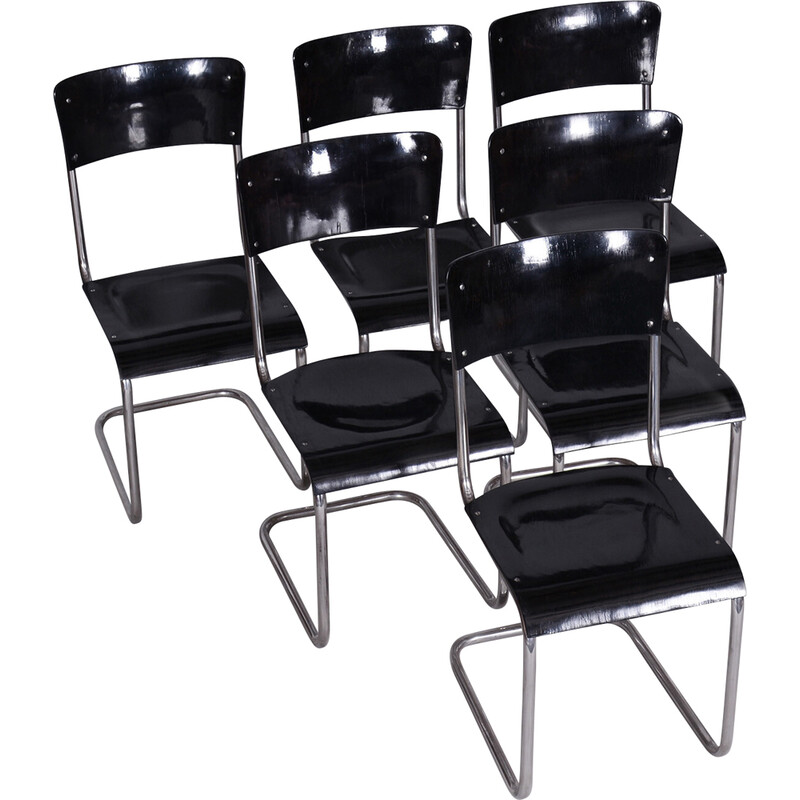 Juego de 6 sillas negras vintage Bauhaus de Vichr a Spol, años 30