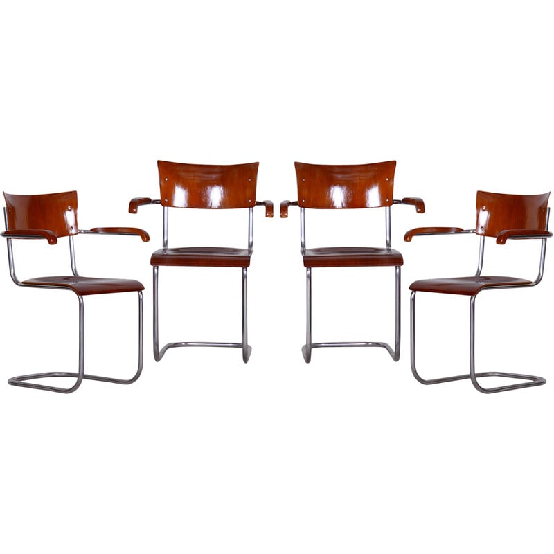 Set of 4 vintage Bauhaus beechwood and plywood armchairs by Mart Stam, Germany 1930s